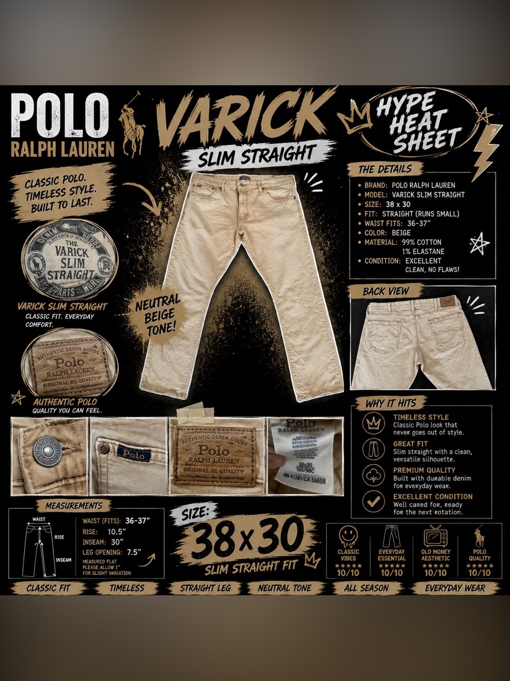 GUC Polo Beige Varick Slim Straight Jeans 38x30